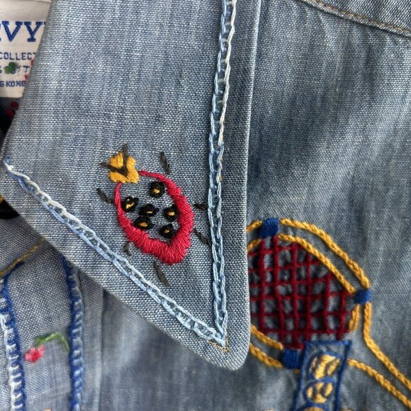 Vintage 60s 70s Hand Embroidered Denim Chambray  Shirt Tennis Floral - Picture 9 of 12